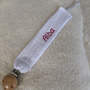 Personalized pacifier clip in cognac embroidered cotton gauze image 5