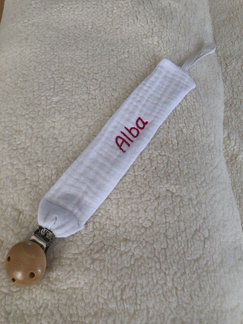 Personalized pacifier clip in cognac embroidered cotton gauze image 5