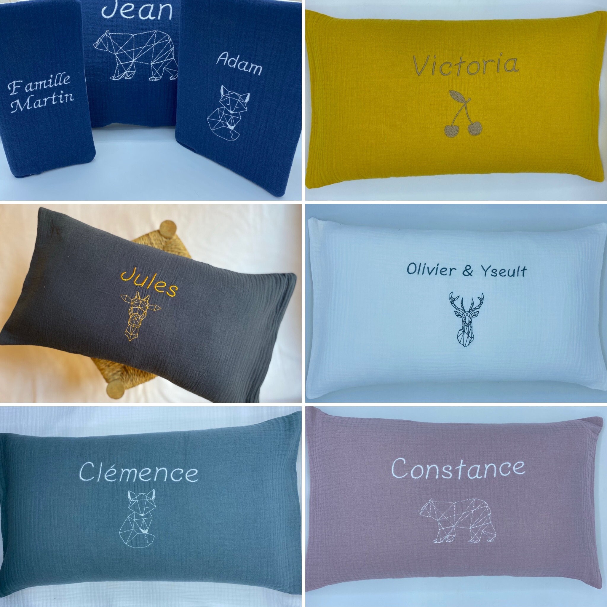 Coussin Gaze de Coton Brodé Personnalisé Prénom et Motif