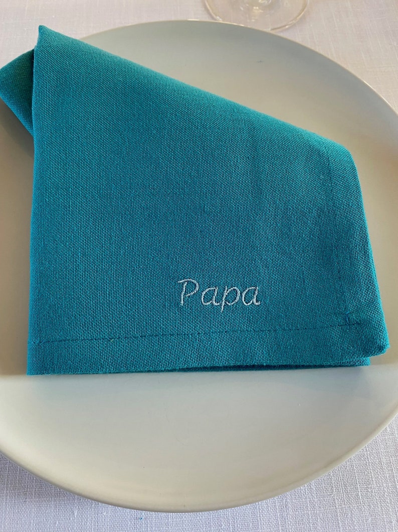 Dark Personalized Embroidered Napkin Turquoise