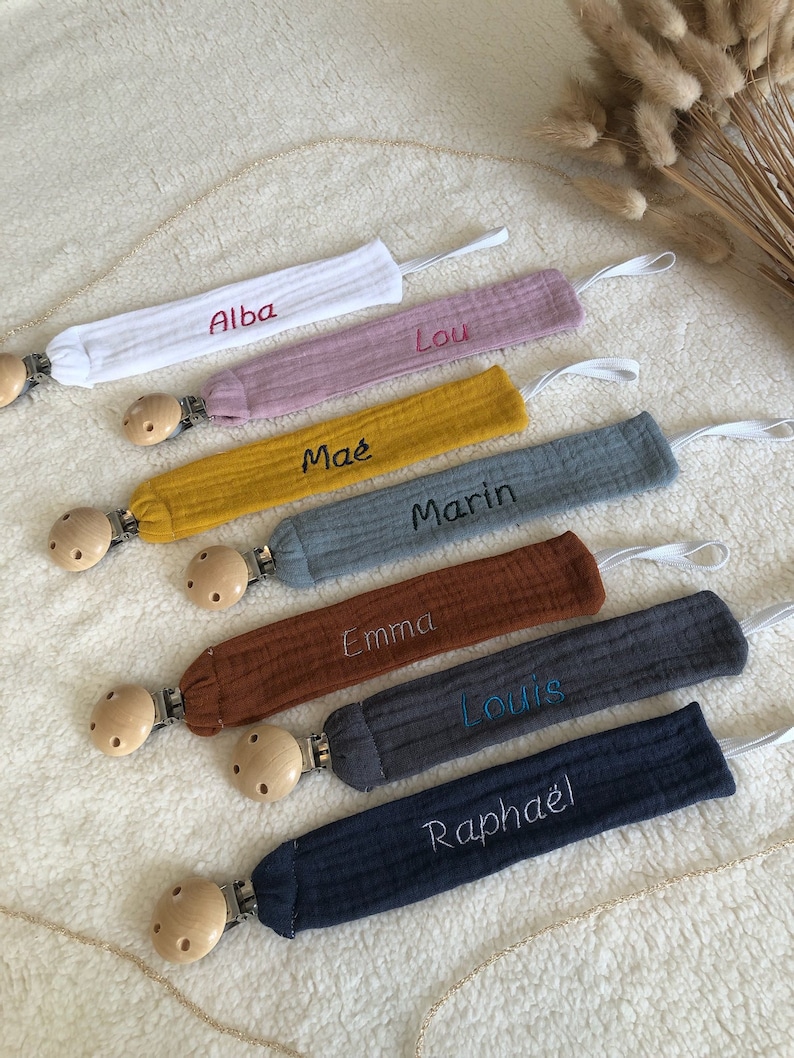 Personalized pacifier clip in cognac embroidered cotton gauze image 4