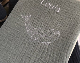 Personalized embroidered health book protector with whale motif