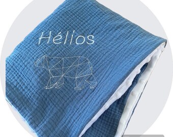 Minky embroidered double cotton gauze baby blanket / Jeans blue cotton gauze plaid