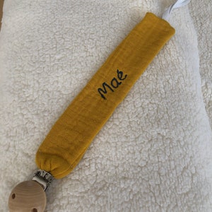 Personalized pacifier clip in cognac embroidered cotton gauze image 3
