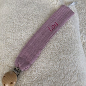 Personalized pacifier clip in cognac embroidered cotton gauze image 6