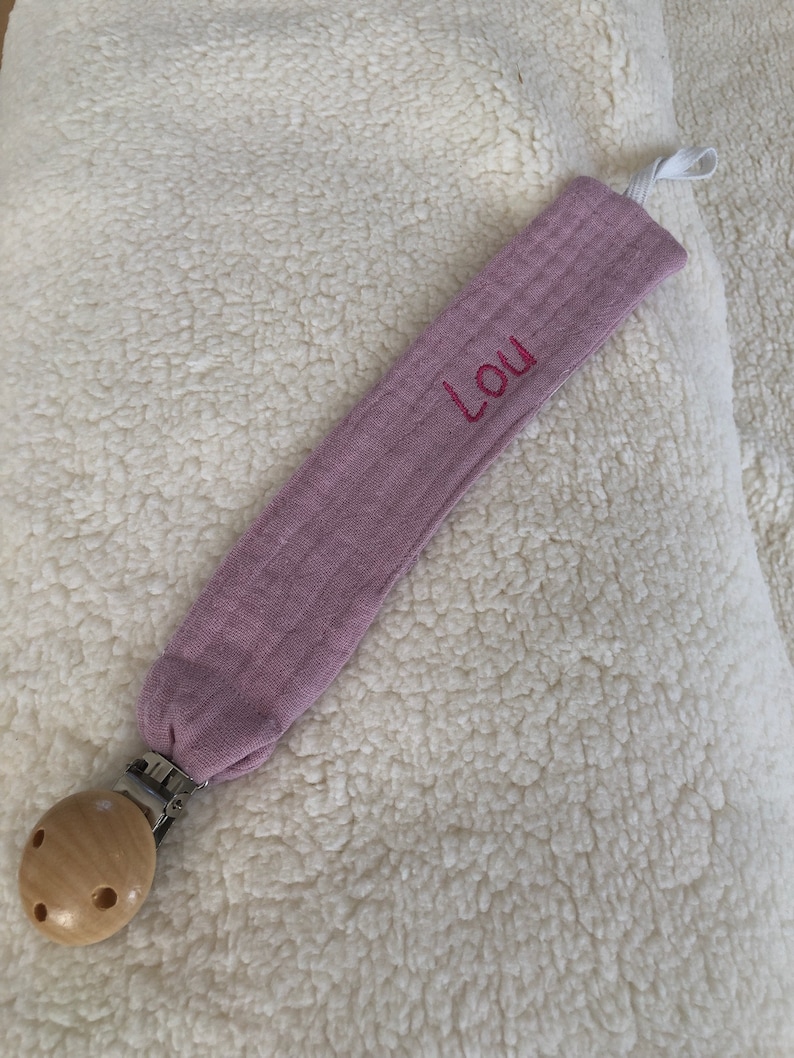 Personalized pacifier clip in cognac embroidered cotton gauze image 6