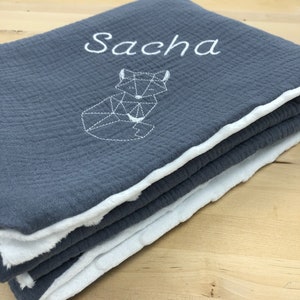 Minky embroidered double cotton gauze baby blanket / Gray cotton gauze plaid