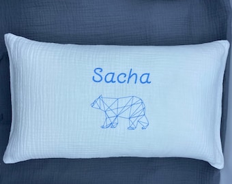 Cotton gauze cushion embroidered personalized name and pattern WHITE