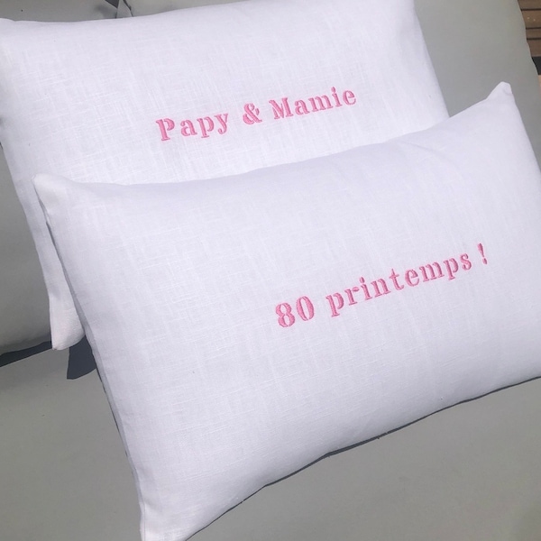 Coussin en Lin brodé personnalisé déhoussable blanc