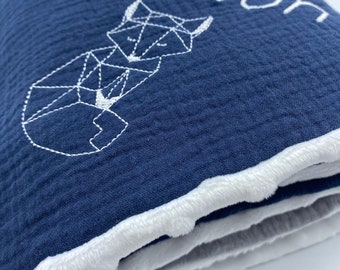 Large XL child's blanket double cotton gauze lined Minky 120x95 blue