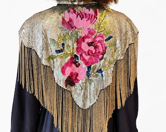Tipperleyhill Sequin Cape with Hand-Designed Floral Details & Gold Fringing