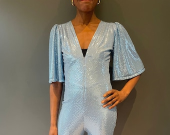 Sophie B Long Sleeve Pale Blue Sequin Jumpsuit