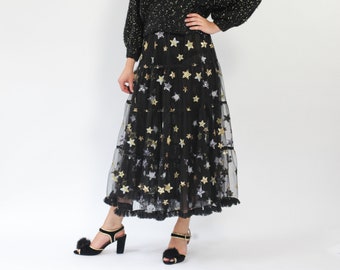 Vivienne Maxi Tiered Skirt with Sequin Stars in Black