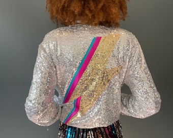 Silver Sequin Bomber Jacket: Bowie-Inspired Lightning Bolt, Upcycled Fabric