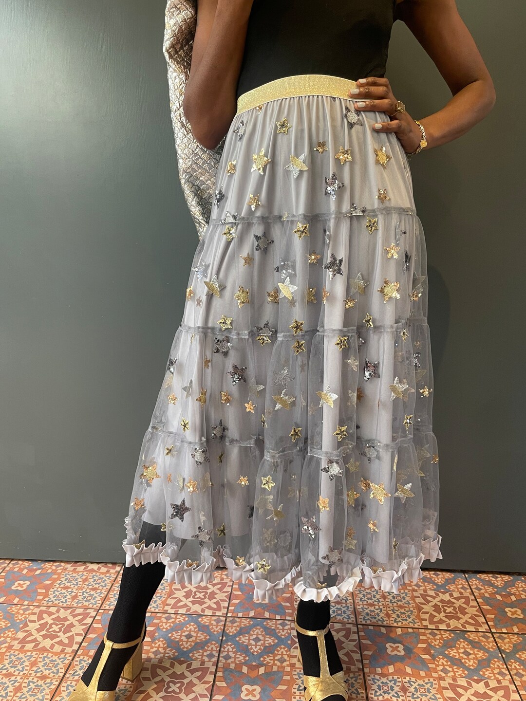 BiBi American Flag Theme Star Sequin Tiered Skirt