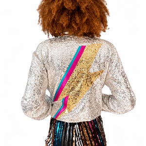 Silver Sequin Bomber Jacket: Bowie-Inspired Lightning Bolt, Upcycled Fabric