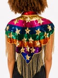 Rainbow Sequin Cape with Gold Fringe – Festival, Party & Event Ready, One Size