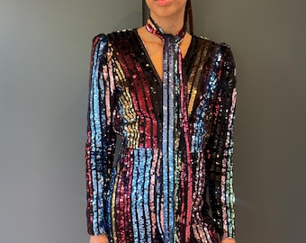 Rachel Bladerunner striped rainbow sequin jumpsuit with belt and wide leg one size