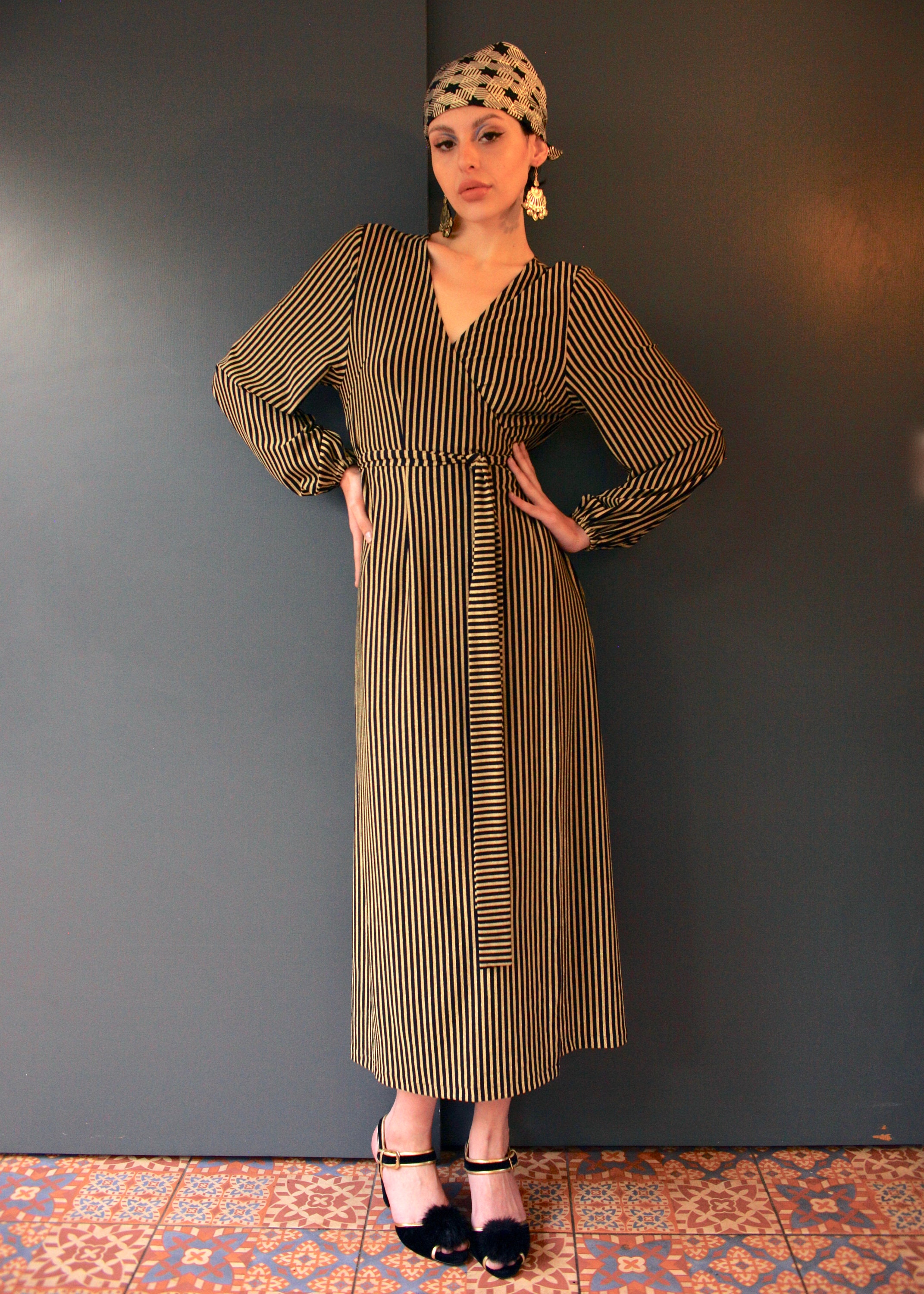 Image of Biba Striped Wrap Dress One Size With Pockets