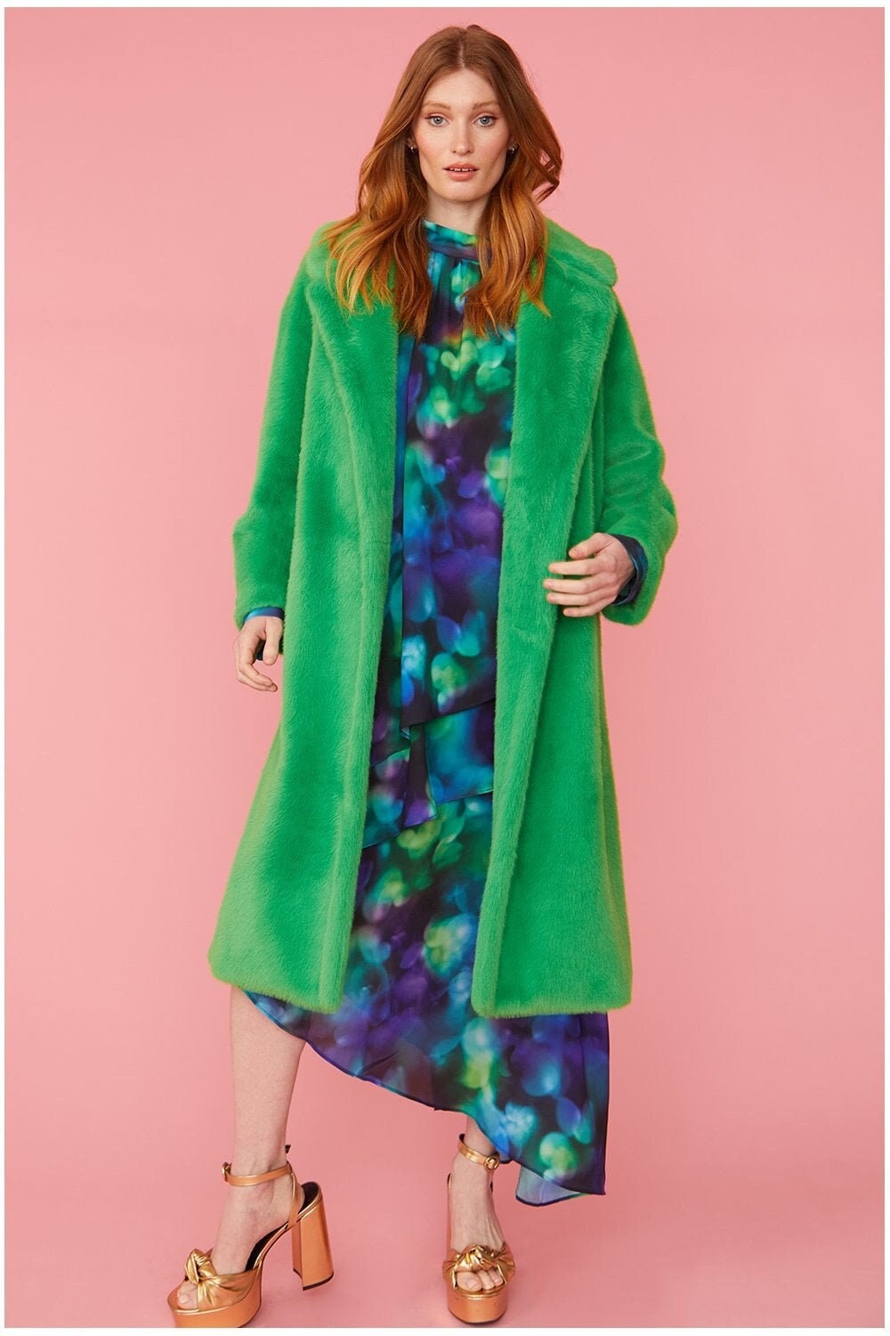 Green Faux Fur Midi Coat