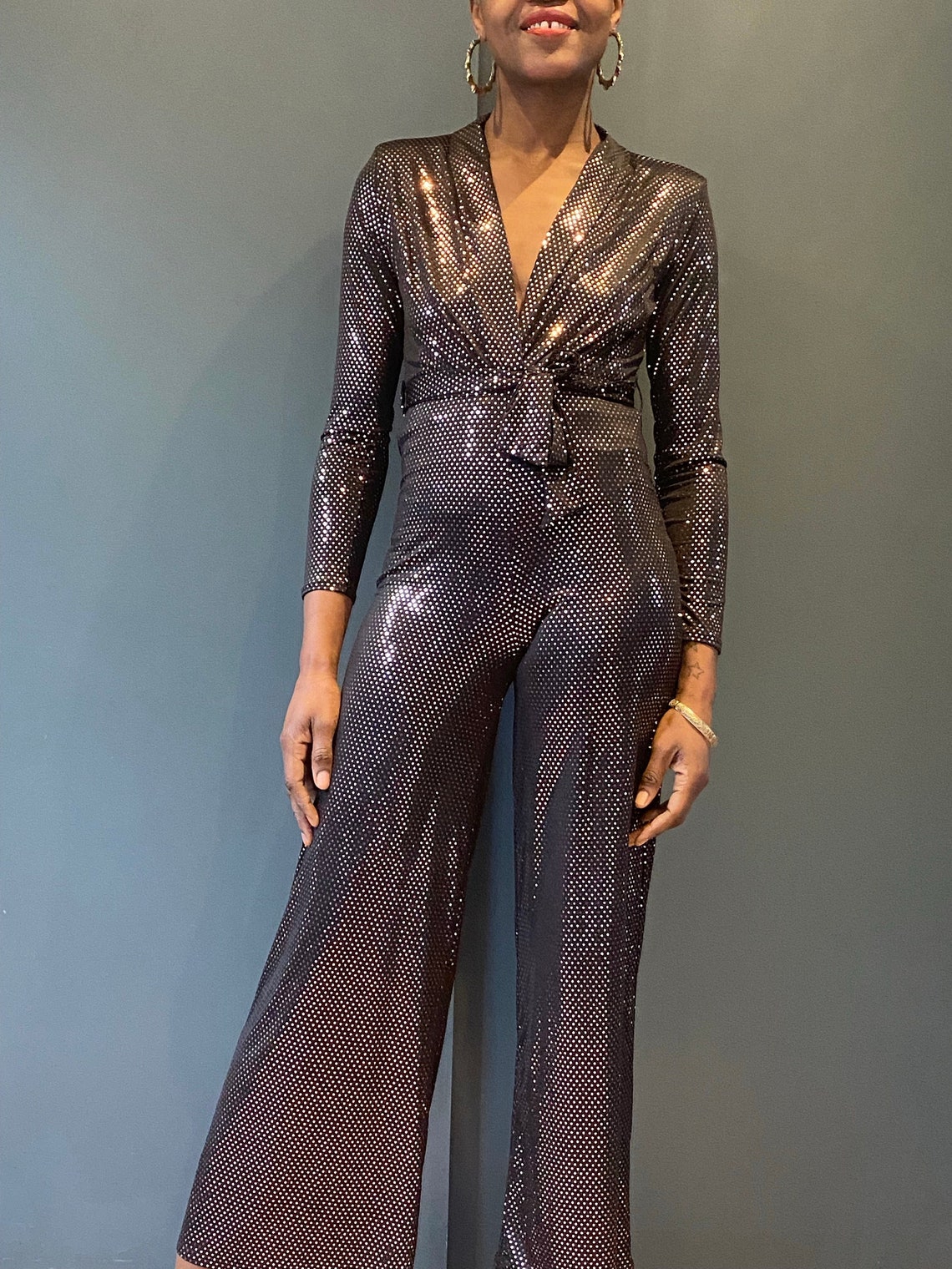 Sparkle Black Jumpsuit With Brown Circle Sequins Long Etsy