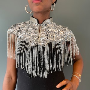 Cleo silver sequin fringed cape one size reversable