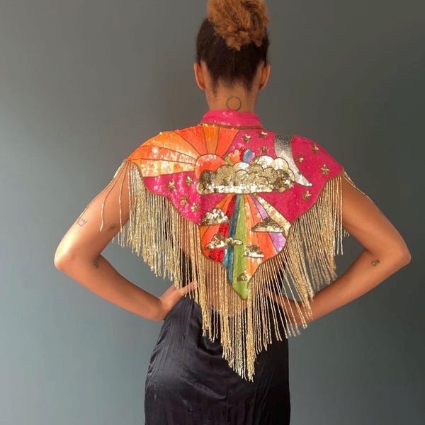 Sequin Cape with Clouds, Rainbow and Gold Fringing – Disco, Festivals & Events