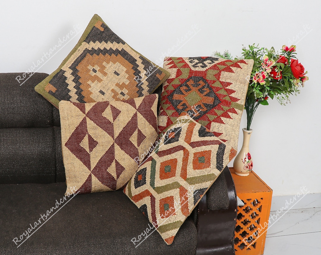 Handwoven Wool Jute Cushion Cover Living Room Decor Kilim Pillow Throw
