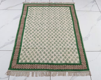 Indian Dhurrie | Hand Block printed Floor Rug, Handmade Rug, Indian Dhurrie rug, Cotton Rug, Area Rug, Aztec Rug