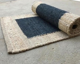 Handgefertigter Teppich aus Jute: Hanf Teppich Schwarz Gestreift