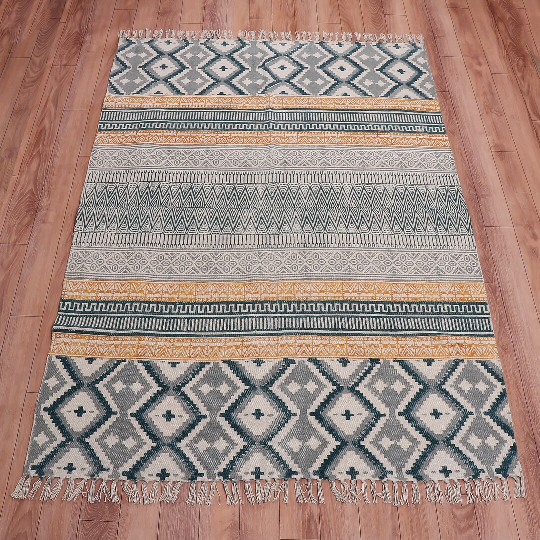 Block Printed Cotton Rug - Bohemian Woven Area Rug With Fringe - Etsy