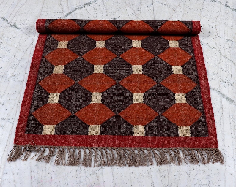 Kilim Rug, Handgeweven, Wol en Jute Rug Handgemaakt, Kilim Dhurrie Rug, Traditionele Indiase Jute Area Rug afbeelding 7