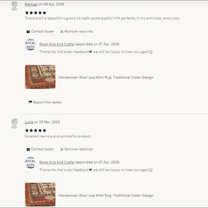 May include: Customer reviews for a Handwoven Wool Jute Kilim Rug with a Traditional Indian Design. The reviews mention the rug's quality and include a photo of the product.