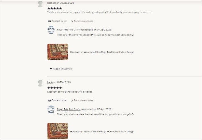 May include: Customer reviews for a Handwoven Wool Jute Kilim Rug with a Traditional Indian Design. The reviews mention the rug's quality and include a photo of the product.
