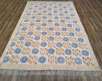 Hand Block Print Cotton Rug  Indian Boho Rug, Rugs for Living Room, Outdoor Rug, Kitchen Rug, Navajo Kilim Rug 8x10, 9x12 Ft Rug