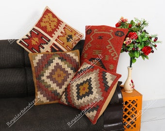 Copricuscino in iuta fatto a mano da 45x45 cm, set di 4 cuscini, set di cuscini, regali di Natale, copertine Boho, cuscino da lancio, fodera per cuscino Kilim, cuscino marocchino