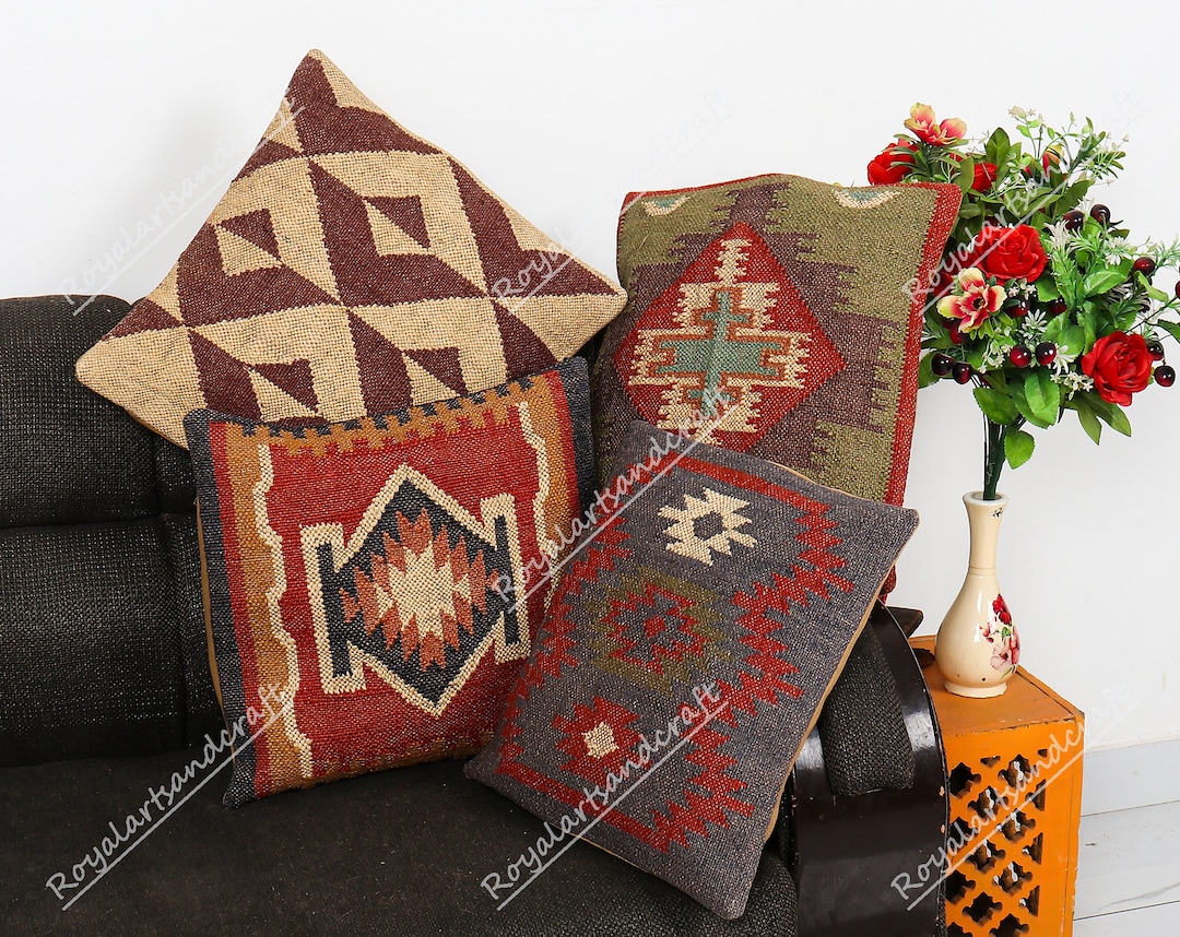 Jute Pillow, Indian Handwoven 4 Set of 45x45 Cm Jute Pillow Covers