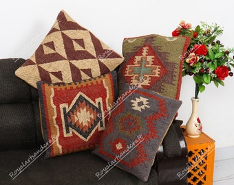 Jute Pillow, Indian Handwoven 4 set of 45x45 cm jute Pillow covers, Kilim Pillow Covers, Decorative Sofa cushion covers, Christmas Gifts