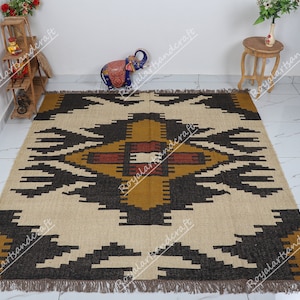 Handmade Navajo Kilim Rug, Aztec Rug, Accent Rug, Outdoor Rug/Indoor Rug, Living/Dinning Room 4X6 Ft. Wool Jute Kilim Rug, Indian DhurrieRug
