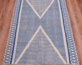 Block Printed Cotton Rug: Blue Geometric Handmade Indian Rug