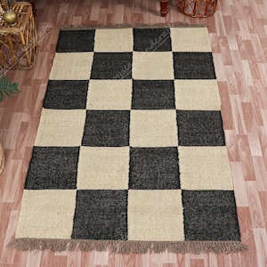 Handwoven Wool Jute Rug: Black & Natural Checkerboard Kilim