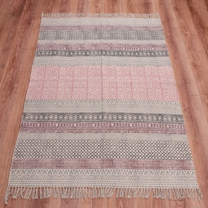 Boho Handwoven Block Printed Flatweave Cotton Rug, Bohemian Nordic Rug. Sizes- 5X8,6X9,8X10,9X12.Durrie