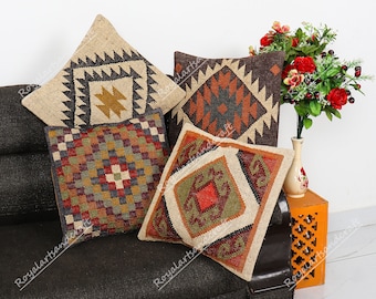 Handmade 45x45cm 4 Set jute cushion covers,Throw Pillow Set,Christmas Gifts,Bohemian Covers,Throw Pillow,Kilim Pillow Cover, Moroccan pillow