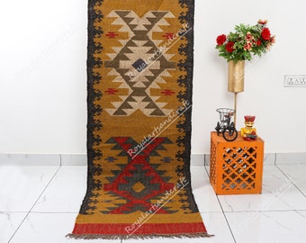 Handmade Wool Jute Kilim Runner, Woven Traditional Area Rug