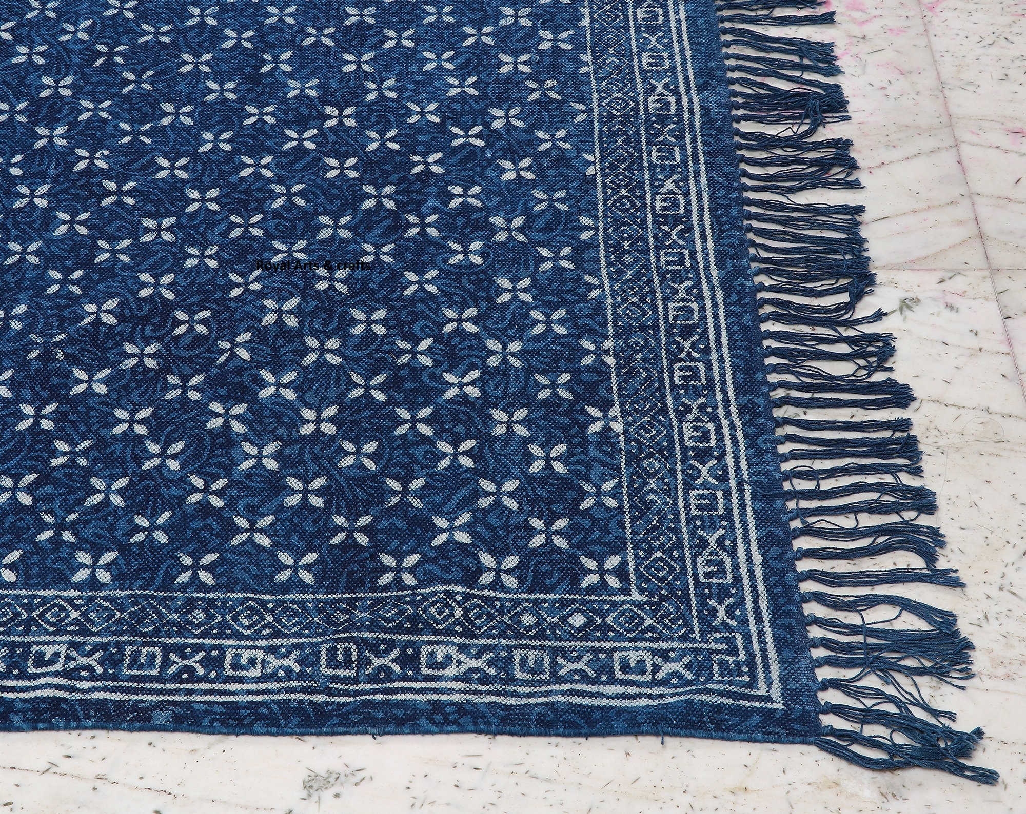 Blue Indigo Hand Block Hand Woven Cotton Flat weave Kilim Rug, Boho Blue Rug Sizes 5x8,6x9,8x10,9x12