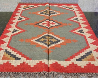 Kilim Rug, Handwoven, Wool and Jute Rug Handmade, Kilim Dhurrie Rug, Traditional Indian/Wool Jute Rugs