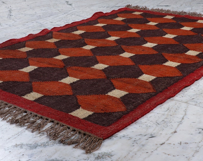 Kilim Rug, Handgeweven, Wol en Jute Rug Handgemaakt, Kilim Dhurrie Rug, Traditionele Indiase Jute Area Rug afbeelding 5