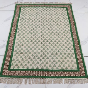Hand Block Printed Cotton Dhurrie Rug: Aztec Area Rug