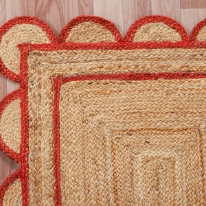 Braided Jute Rug: Red Scalloped Boho Area Rug, Handwoven