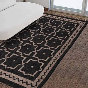 Handgeweven wollen jute vloerkleed: kelim Dhurrie boho-tapijt